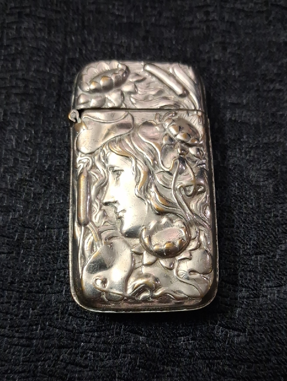 Antique-Vintage Embossed Silver Tone Match Safe Vesta Case with Woman Motif